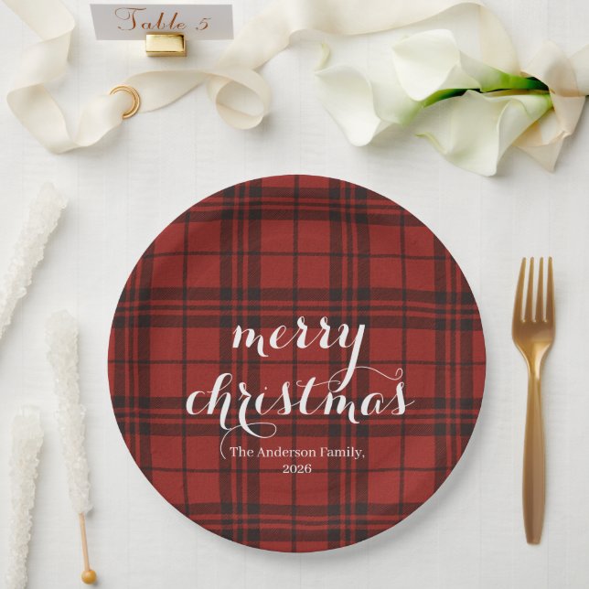 Plato De Papel Classic Plaid Merry Christmas Festive -  (Boda)