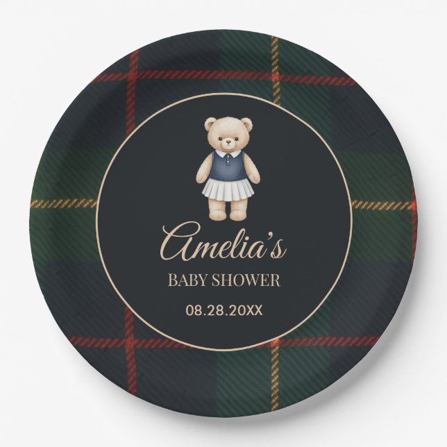 Plato De Papel Classic Polo Teddy Bear Preppy Plaid Baby Shower  (Anverso)