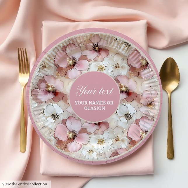 Plato De Papel Classic powder pink and gold floral paper plates (Classic powder pink and gold floral paper plates)