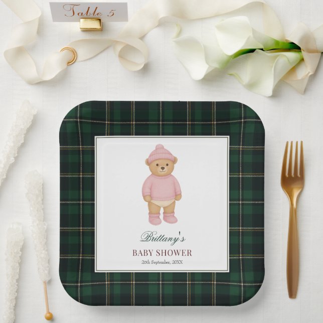 Plato De Papel Classic Preppy Bear Designer Plaid Baby Shower (Boda)