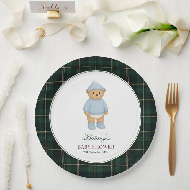 Plato De Papel Classic Preppy Bear Tartan Baby Shower (Boda)