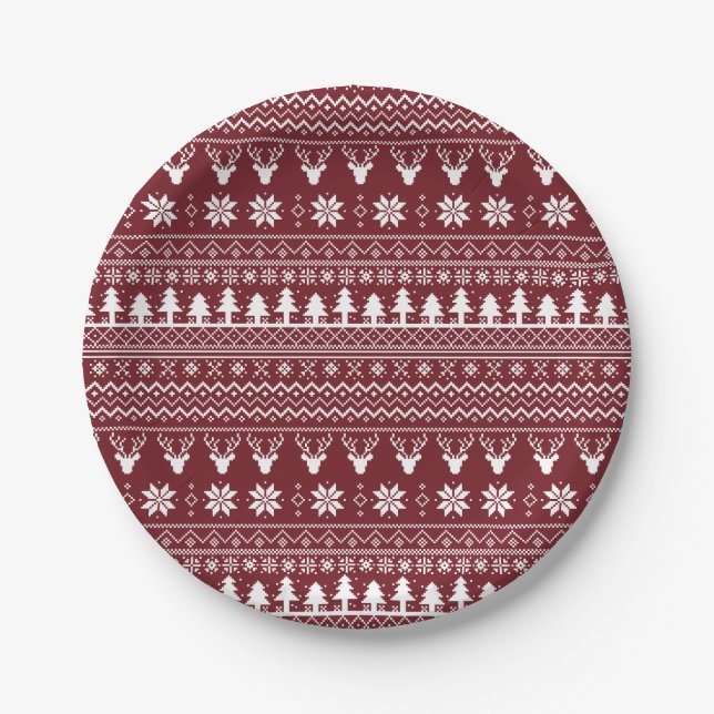 Plato De Papel Classic Red Reindeer Christmas Sweater Pattern (Anverso)