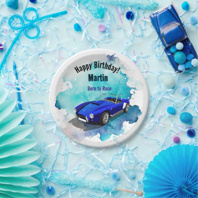 Plato De Papel Classic Retro Blue Sports Car Birday Adventure H (Fiesta)
