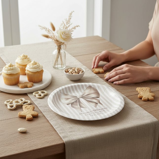 Plato De Papel Classic Ribbon Bow Beige Baby Shower Plates (Subido por el creador)