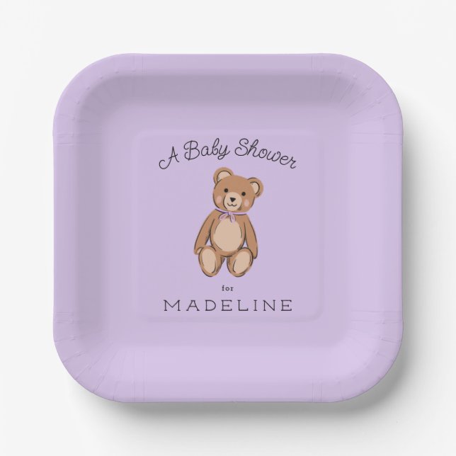Plato De Papel Classic Teddy Bear Lavender Purple Baby Shower (Anverso)
