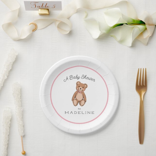 Plato De Papel Classic Teddy Bear Pink White Baby Shower (Boda)