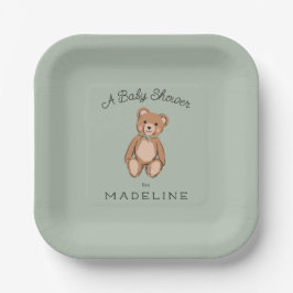 Plato De Papel Classic Teddy Bear Sage Green Baby Shower