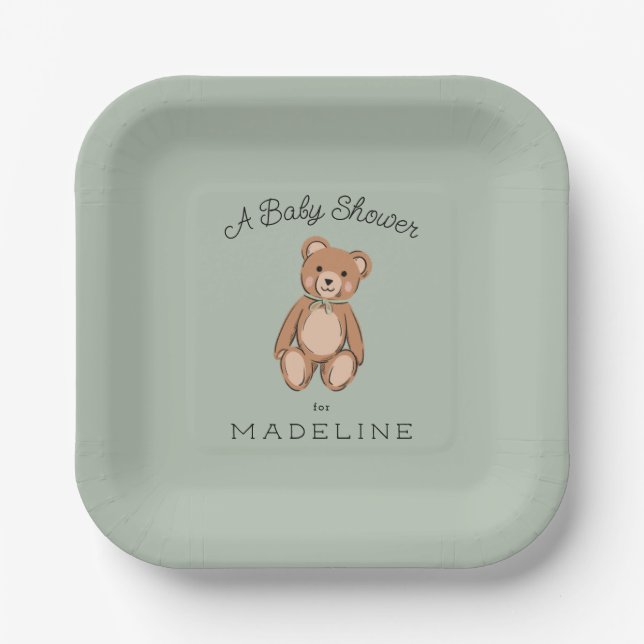 Plato De Papel Classic Teddy Bear Sage Green Baby Shower (Anverso)