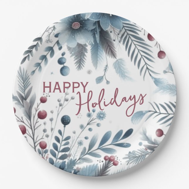 Plato De Papel Classy Dark Teal Blue Red Floral Holiday Wreath (Anverso)