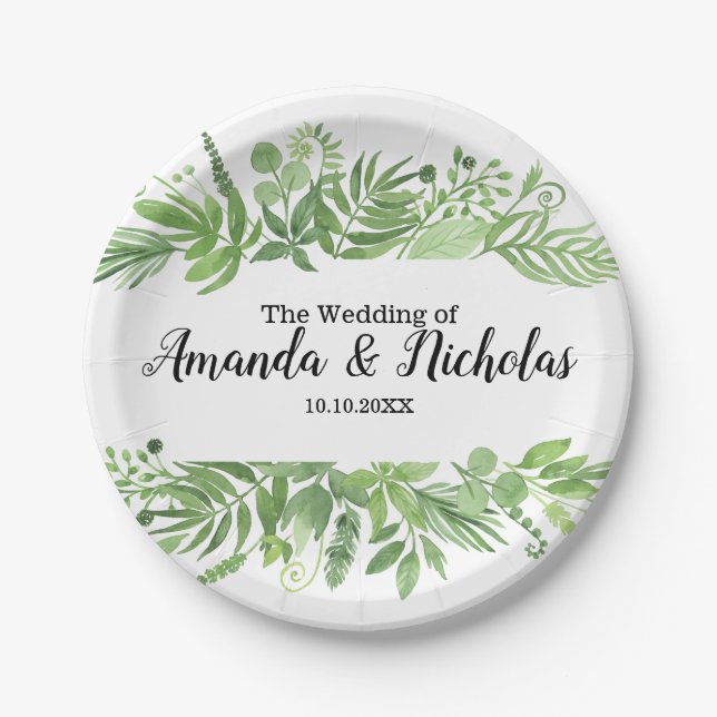 Plato De Papel Classy Watercolor salvaje pradera verde Boda (Anverso)