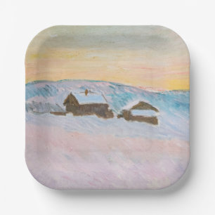 Plato De Papel Claude Monet - Paisaje noruego, casas azules