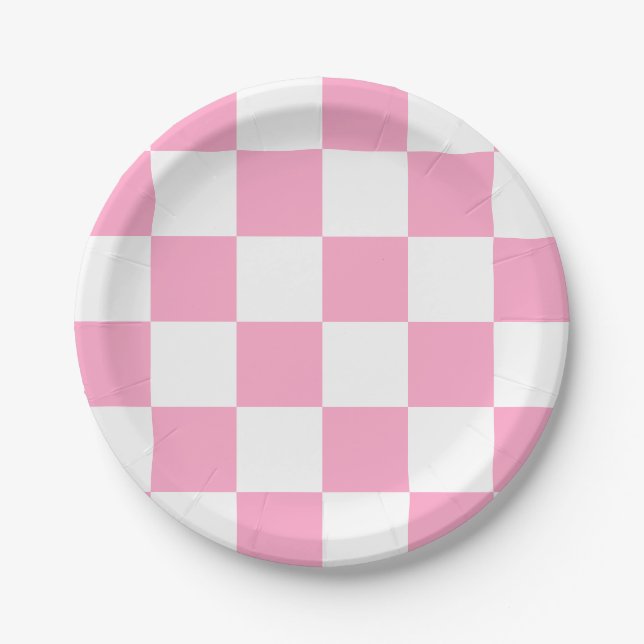 Plato De Papel Clavel Rosa/Blanco a Cuadros (Anverso)