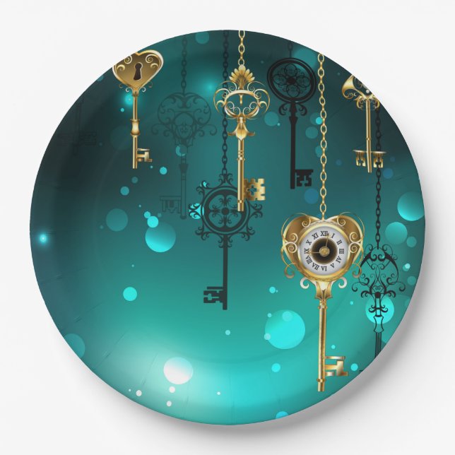 Plato De Papel Claves de esqueleto antiguas sobre fondo verde (Anverso)