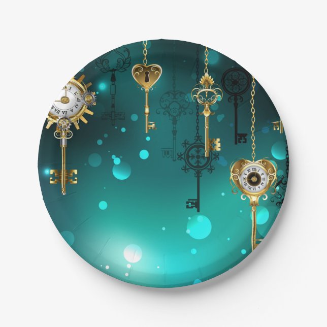 Plato De Papel Claves de esqueleto antiguas sobre fondo verde (Anverso)