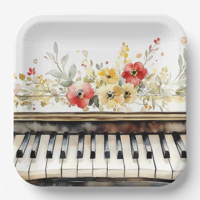 Plato De Papel Claves de piano y flores (Anverso)