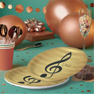 Plato De Papel Clef agudo negro del monograma en rayas de oro