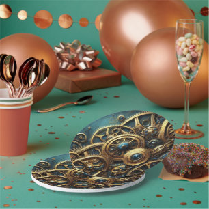 Plato De Papel Clockwork Gold y Verde azulado