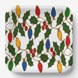 Plato De Papel Cloisonne Art Christmas Lights and Holly