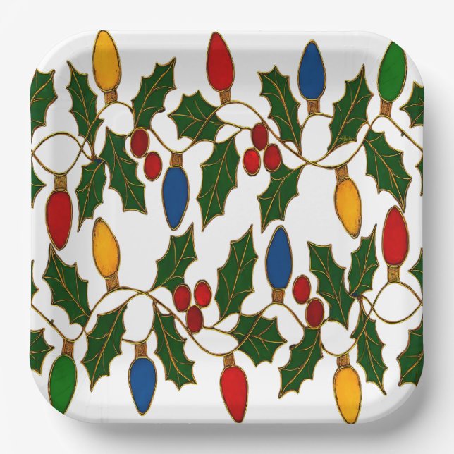 Plato De Papel Cloisonne Art Christmas Lights and Holly (Anverso)
