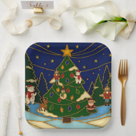 Plato De Papel Cloisonne Art Whimsical Forest Classic Christmas 