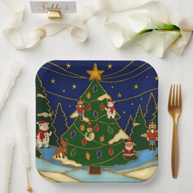 Plato De Papel Cloisonne Art Whimsical Forest Classic Christmas  (Boda)