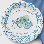 Plato De Papel Coastal Azul Acuarela Octopus Boy Baby Shower<br><div class="desc">Platos personalizados para tu ducha de bebé de patio trasero con temática costera. Este diseño presenta un borde de coral con un pulpo acuarela y una estrella de mar en tonos azules. Personalice el nombre y la fecha de ducha de la futura mamá. Para ver la decoración de las fiestas...</div>