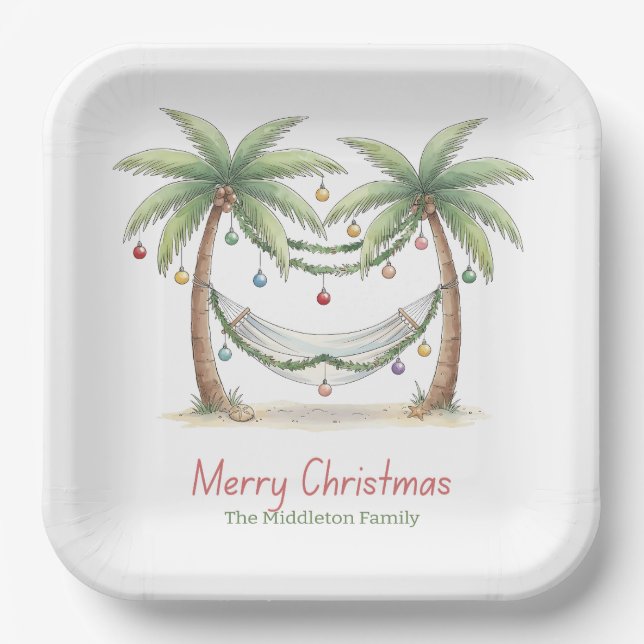 Plato De Papel Coastal Christmas Palm Trees With Hammock (Anverso)