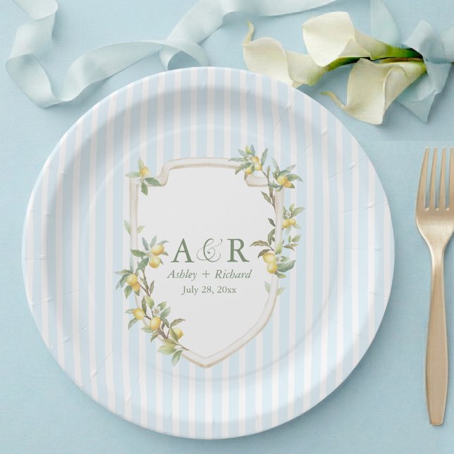 Plato De Papel Coastal Mediterranean Lemon Crest Wedding (elegant mediterranean lemon monogram crest coastal pale blue white stripe wedding paper plates)