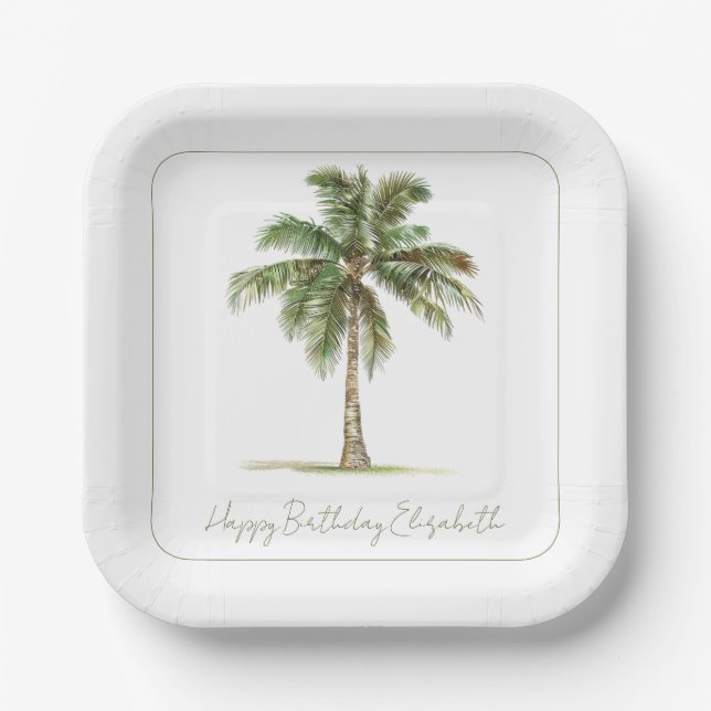 Plato De Papel Coastal Palm Tree Personalized Party (Anverso)