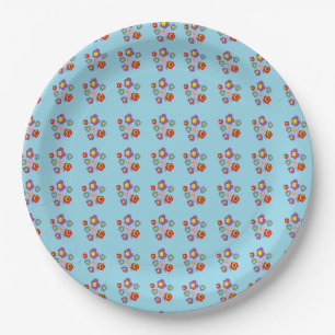 Plato De Papel Coccinella Bonita y Flores Patrón Azul Claro