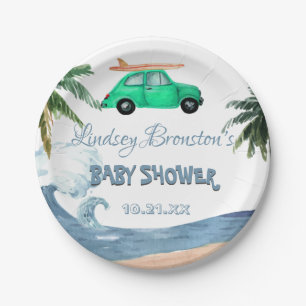 Plato De Papel Coche Coconut Tree Blue Beach Baby Shower