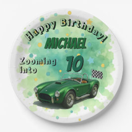Plato De Papel Coche de Carreras verde de fiesta de cumpleaños de