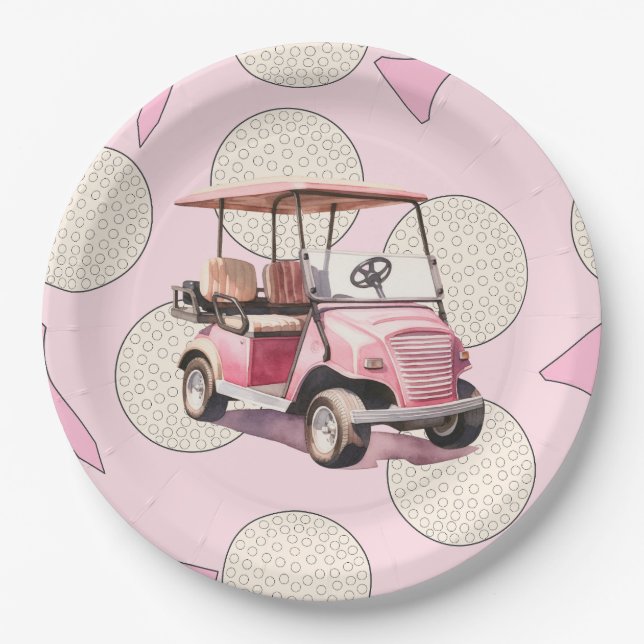 Plato De Papel Coche de golf rosa para jugadora (Anverso)