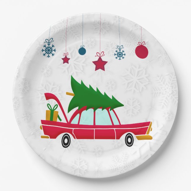 Plato De Papel Coche rojo retro que lleva un árbol de Navidad (Anverso)