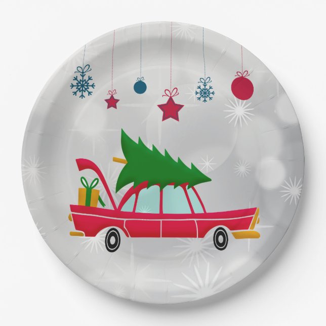 Plato De Papel Coche rojo retro que lleva un árbol de Navidad (Anverso)