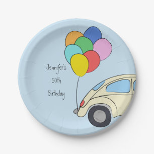 Plato De Papel Coche vintage y globos coloridos dibujando Cumplea