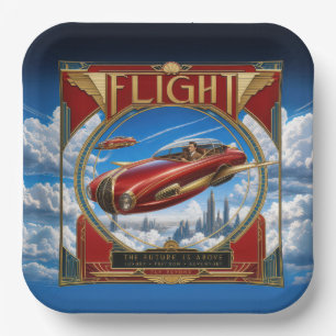 Plato De Papel Coche Volador Rojo Art Nouveau