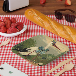 Plato De Papel Cochecito de bebé y cigüeña victoriano vintage
