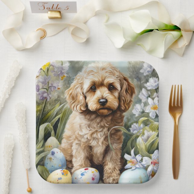 Plato De Papel Cockapoo con festividad de huevos de Pascua (Boda)