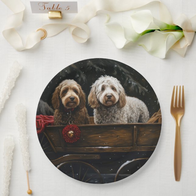 Plato De Papel Cockapoo Trineo Nevado Adorno Navideño    (Boda)