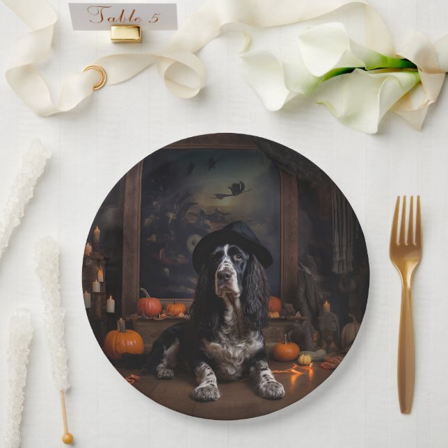 Plato De Papel Cocker inglés Spaniel Pumpkins Halloween Scary (Boda)