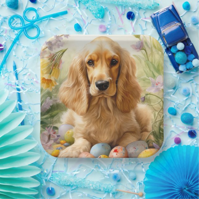 Plato De Papel Cocker Spaniel con huevos de Pascua Fiesta  (Fiesta)
