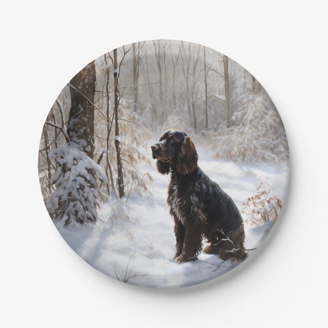 Plato De Papel Cocker Spaniel Deja que nieve Navidad (Anverso)