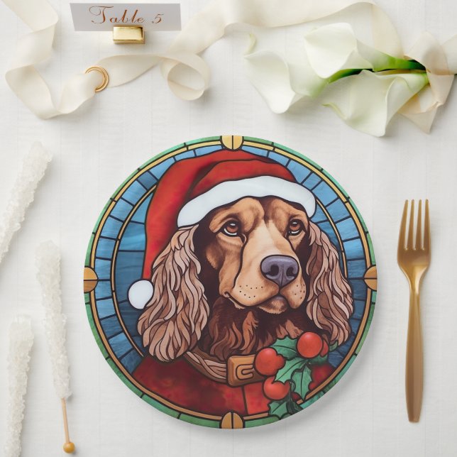 Plato De Papel Cocker Spaniel Vidrio Pintado Navidad (Boda)