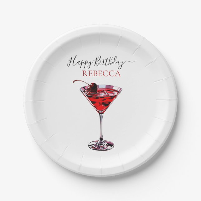 Plato De Papel Cocktail Party Cherry Martini Happy Birthday (Anverso)