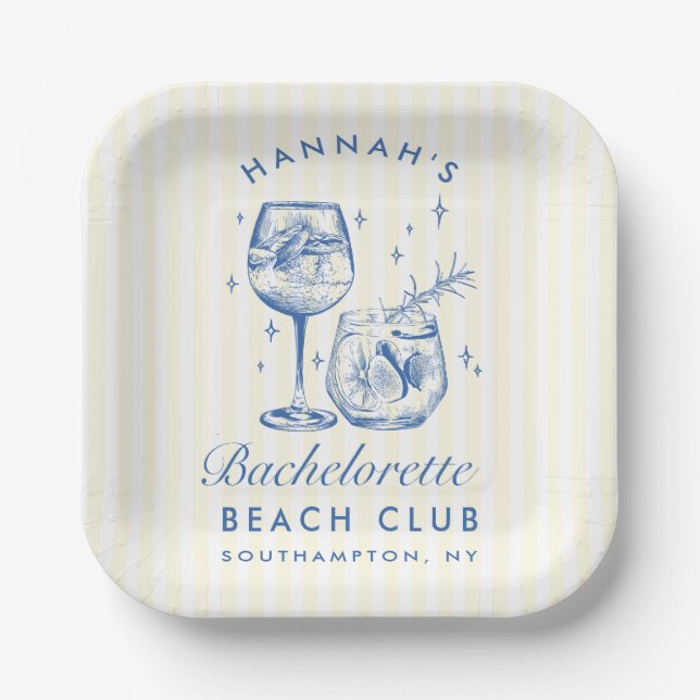 Plato De Papel Cocktail Retro Moderno Bachelorette Blue (Anverso)
