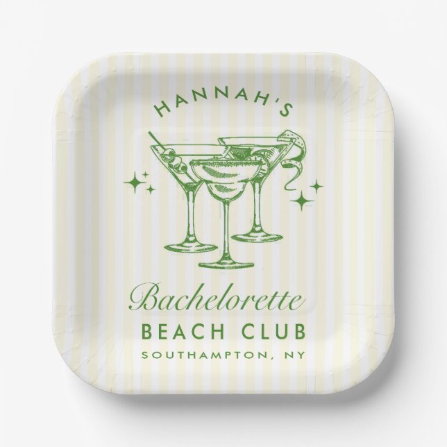 Plato De Papel Cocktail Retro Moderno Bachelorette Green (Anverso)