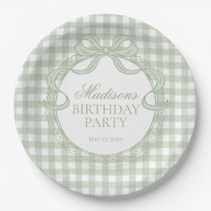 Plato De Papel Cocota de Gingham Verde Cumpleaños con Lazo
