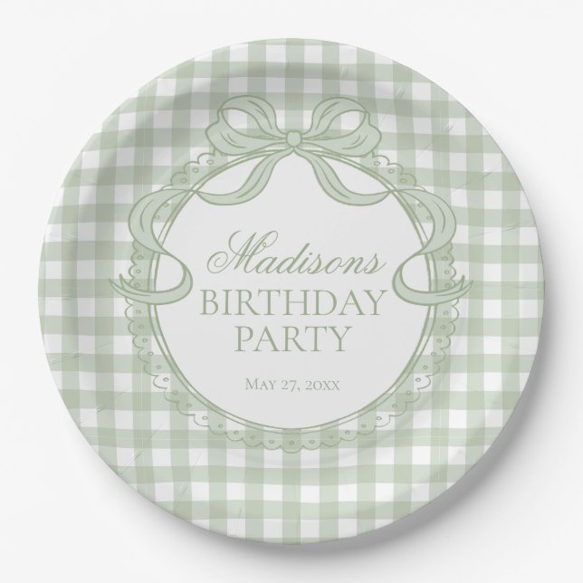 Plato De Papel Cocota de Gingham Verde Cumpleaños con Lazo (Anverso)