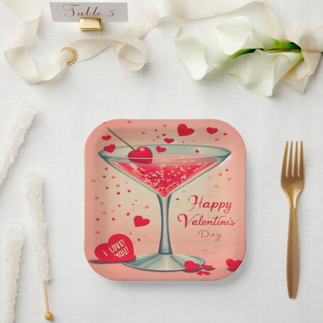 Plato De Papel Cóctel de Mid Century Valentine Martini (Boda)